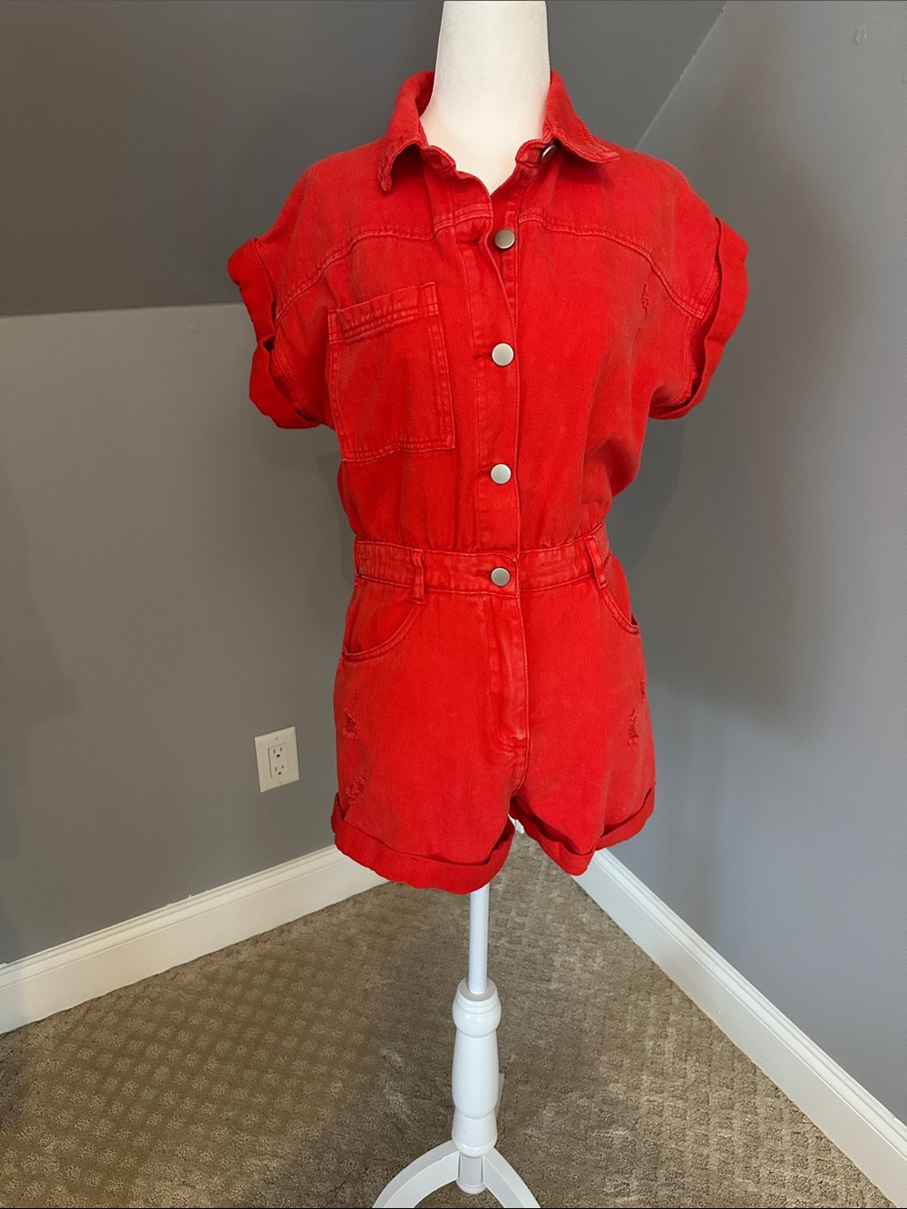 Red Short-Sleeve Denim Romper with Snap Front
